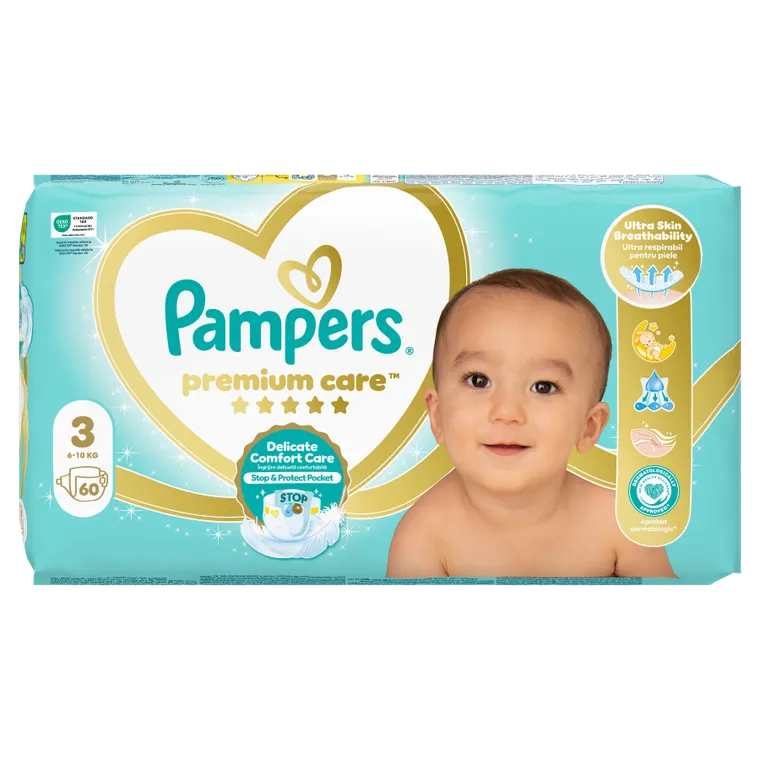 Pampers, Premium Care, pieluchy jednorazowe, rozmiar 3, 6-10 kg, 60 szt.