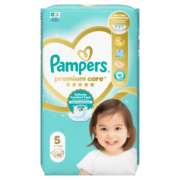 Pampers, Premium Care, pieluchy jednorazowe, rozmiar 5, 11-16 kg, 58 szt.