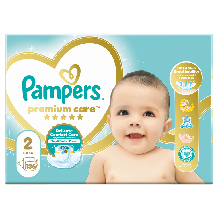 Pampers, Premium Care, pieluszki, rozmiar 2, 4-8 kg, 136 szt.