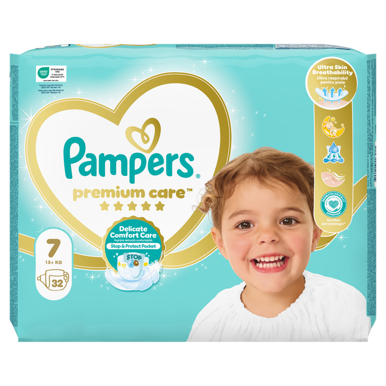 Pampers, Premium Care, pieluszki, rozmiar 7, 15 kg+, 32 szt.