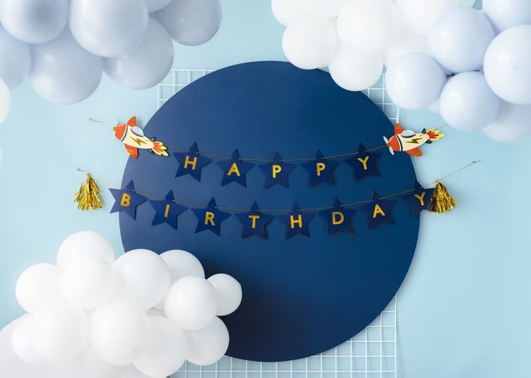 PartyDeco, samoloty, baner Happy Birthday, 2.5 m