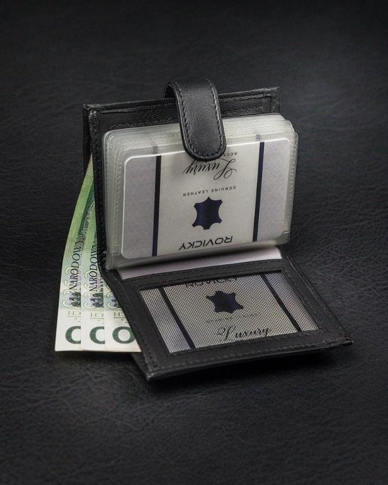 Pionowe, skórzane etui na karty z zapinką i kieszenią na banknoty, Loren