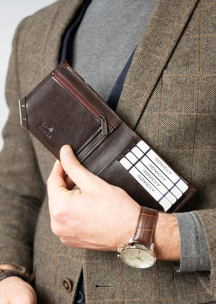 Portfel, brązowy, skórzany, RFID, Rovicky