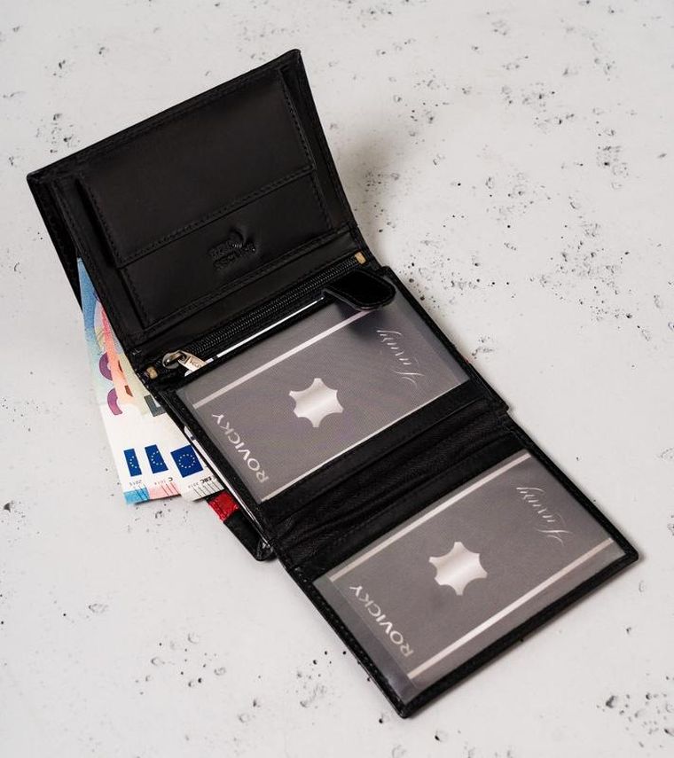 Portfel, czarno-czerwony, skórzany, RFID, Rovicky