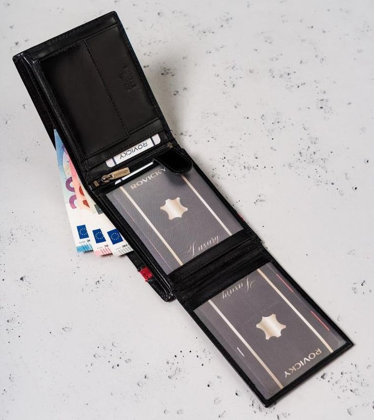 Portfel, czarno-czerwony, skórzany, RFID, Rovicky