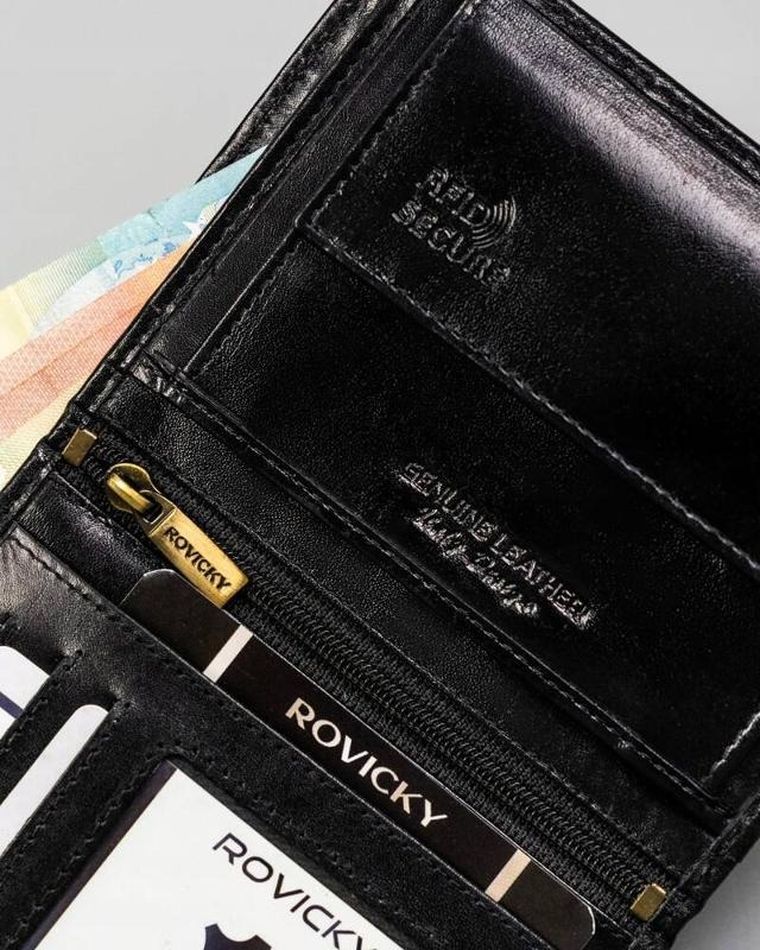 Portfel, czarny, skórzany, RFID, Rovicky