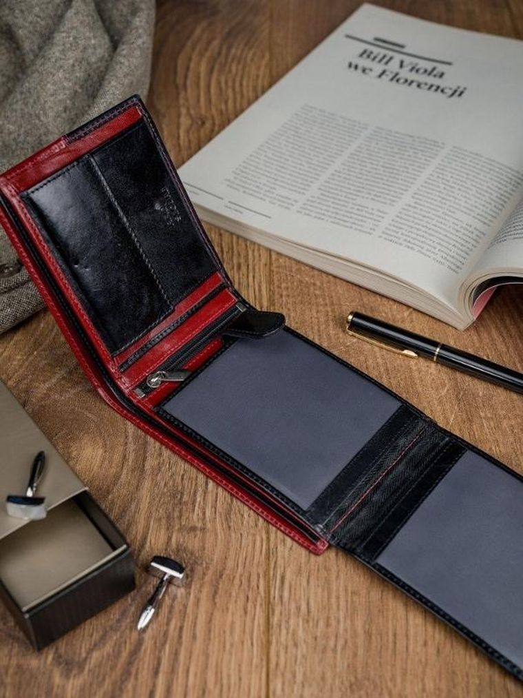 Portfel, czerwono-czarny, skórzany, RFID, Rovicky