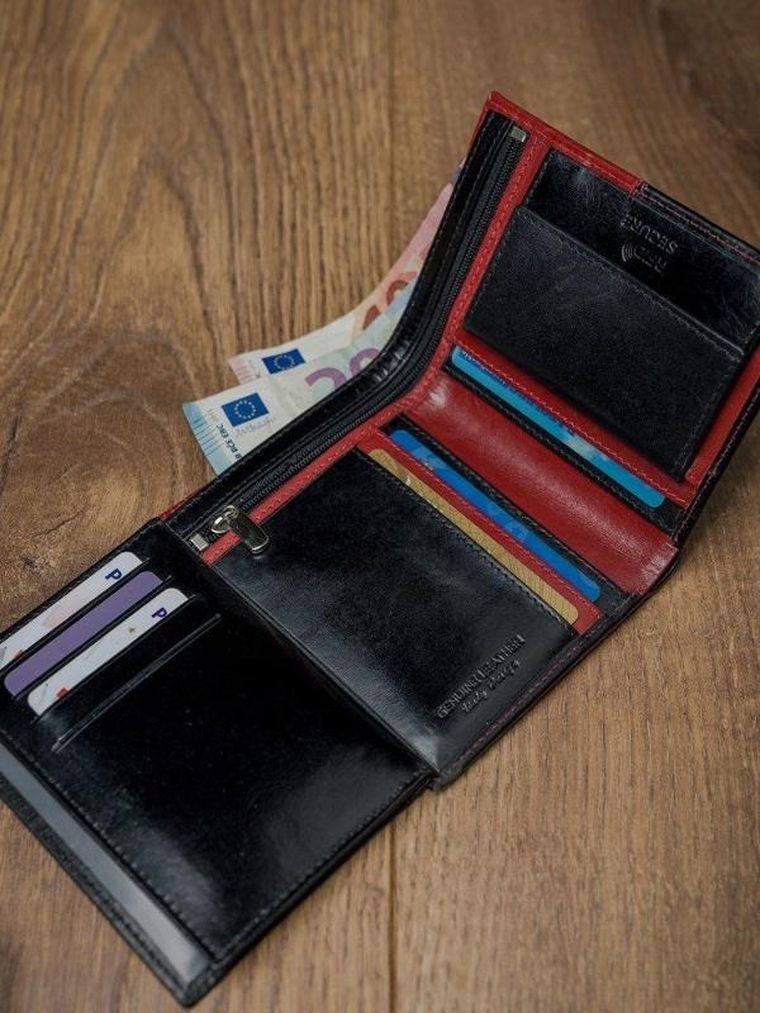 Portfel, czerwono-czarny, skórzany, RFID, Rovicky