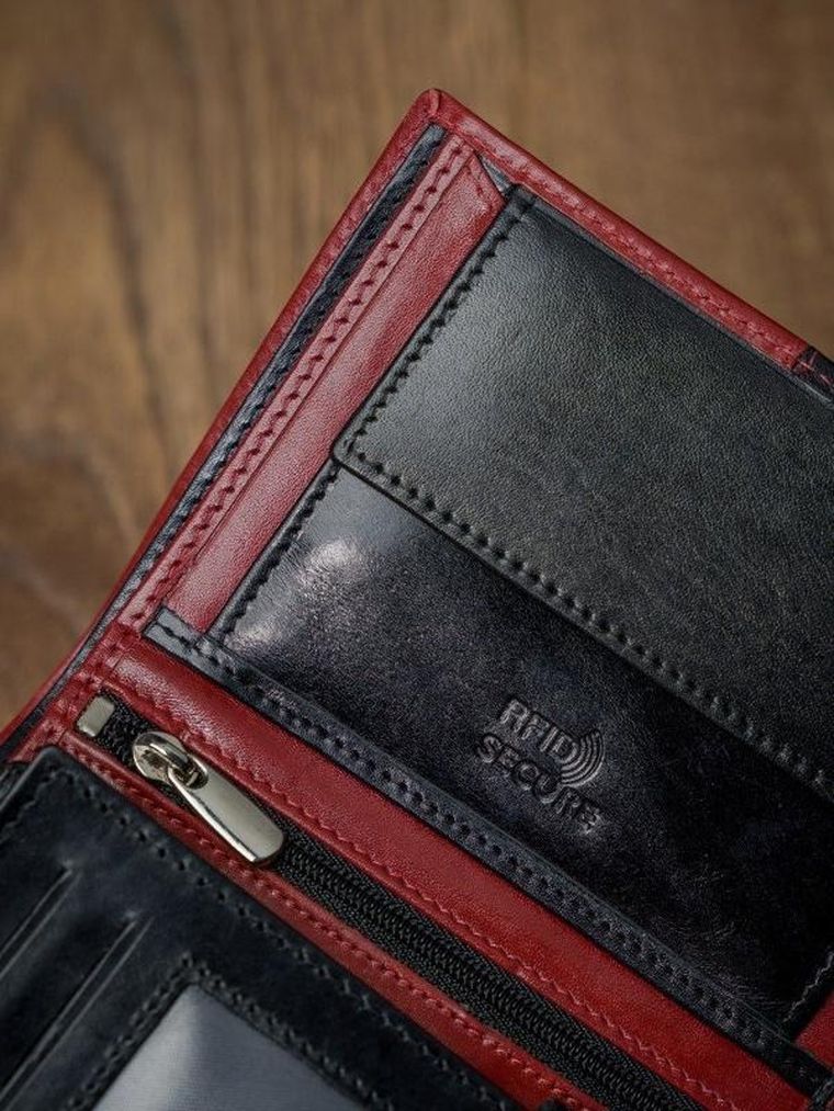 Portfel, czerwono-czarny, skórzany, RFID, Rovicky