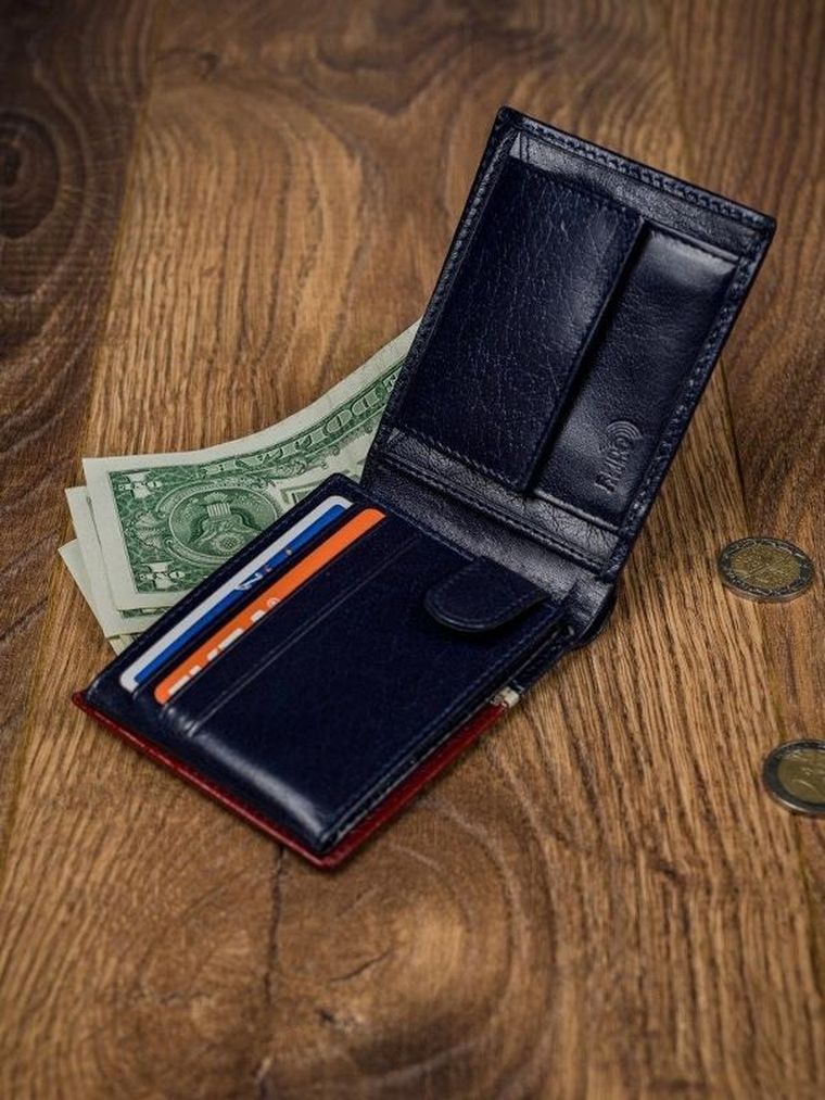 Portfel, czerwono-granatowy, skórzany, RFID, Rovicky