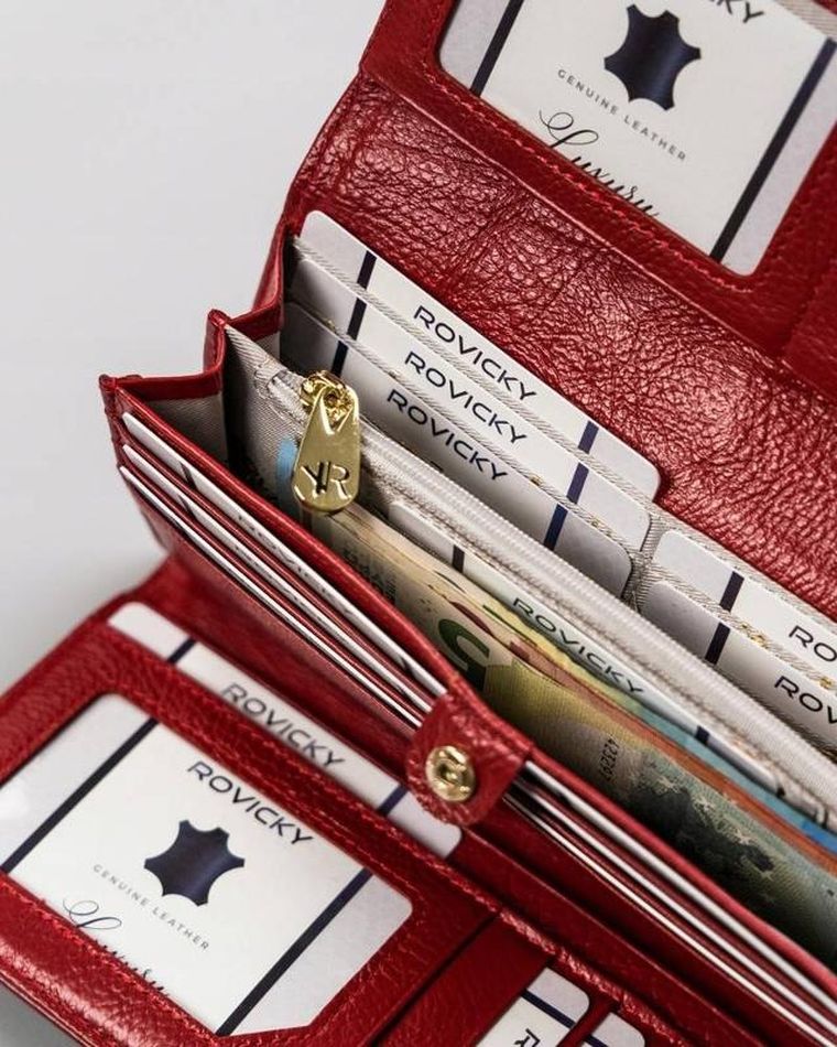 Portfel, czerwony, skórzany, RFID, Rovicky