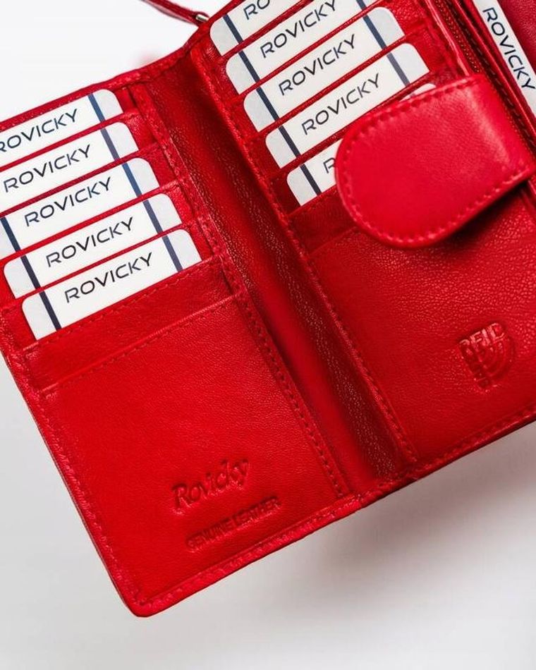 Portfel, czerwony, skórzany, RFID, Rovicky