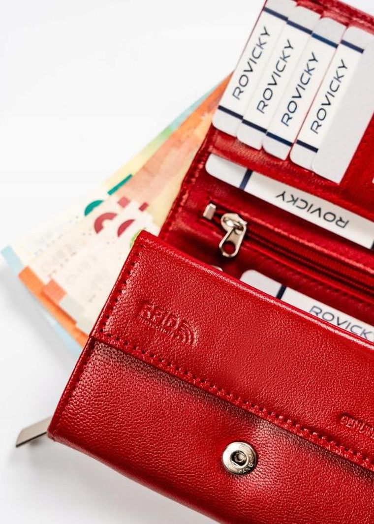 Portfel, czerwony, skórzany, RFID, Rovicky
