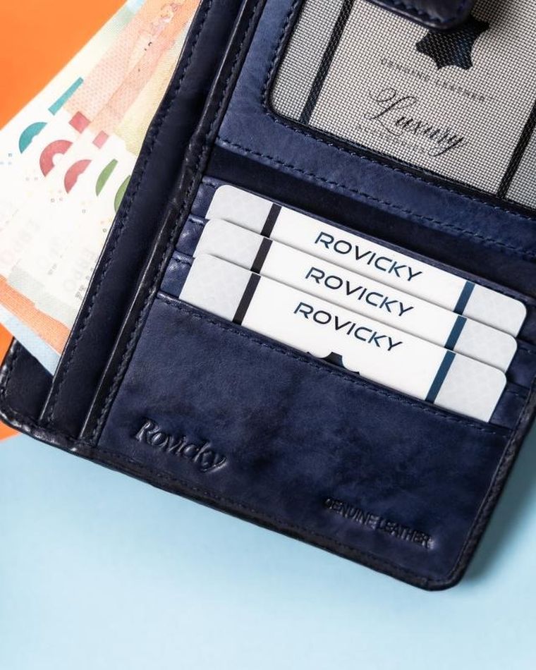 Portfel, granatowy, skórzany, RFID, Rovicky