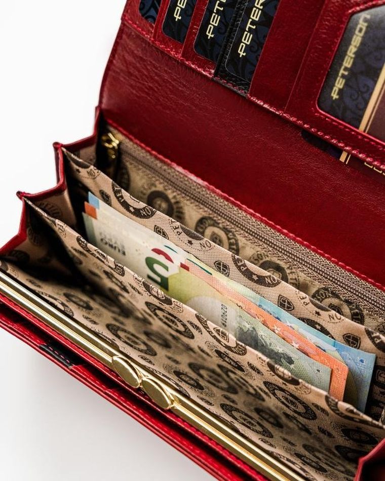 Portfel na karty, czerwony, skórzany, RFID, Peterson