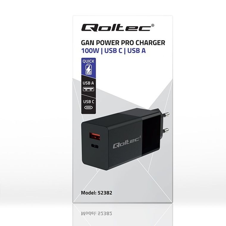 Qoltec, Gan Power Pro, ładowarka, 1XUSB-C, 1XUSB, 100W, 5-20V, 1.5-5A, PD, czarna