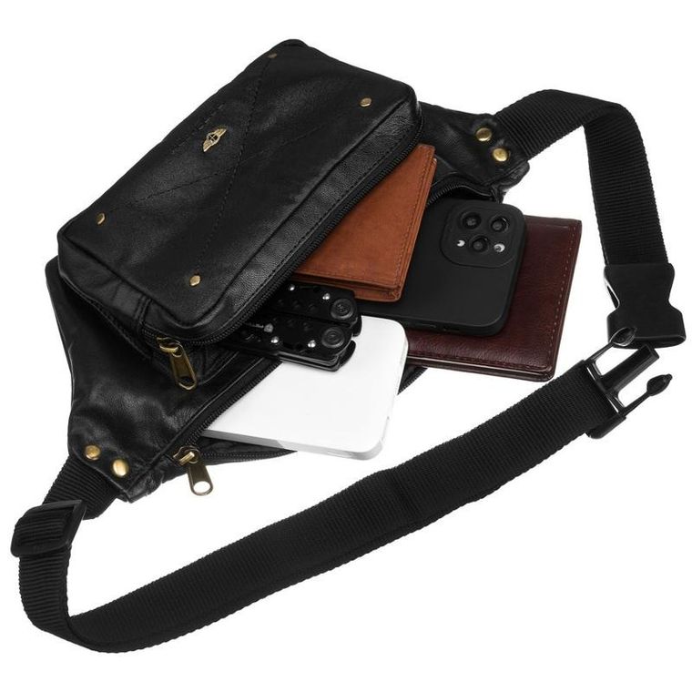 Saszetka na biodro, nerka, czarna, skórzana, Peterson