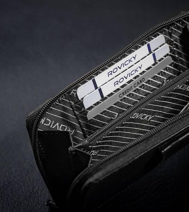 Saszetka-portfel, czarna, skórzana, RFID, Rovicky