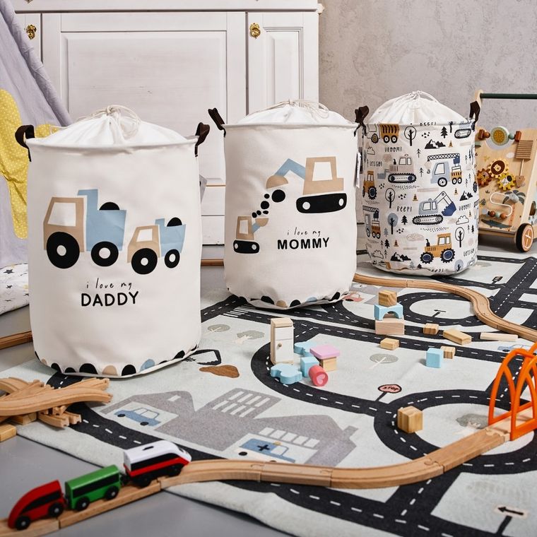 Sipo, kosz na zabawki XL, bawełniany, wodoodporny, zamykany na ściągacz, Koparki