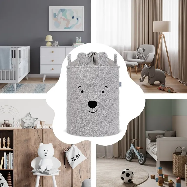 Sipo, Miś, kosz na zabawki XL, premium boucle, zamykany na ściągacz, szary