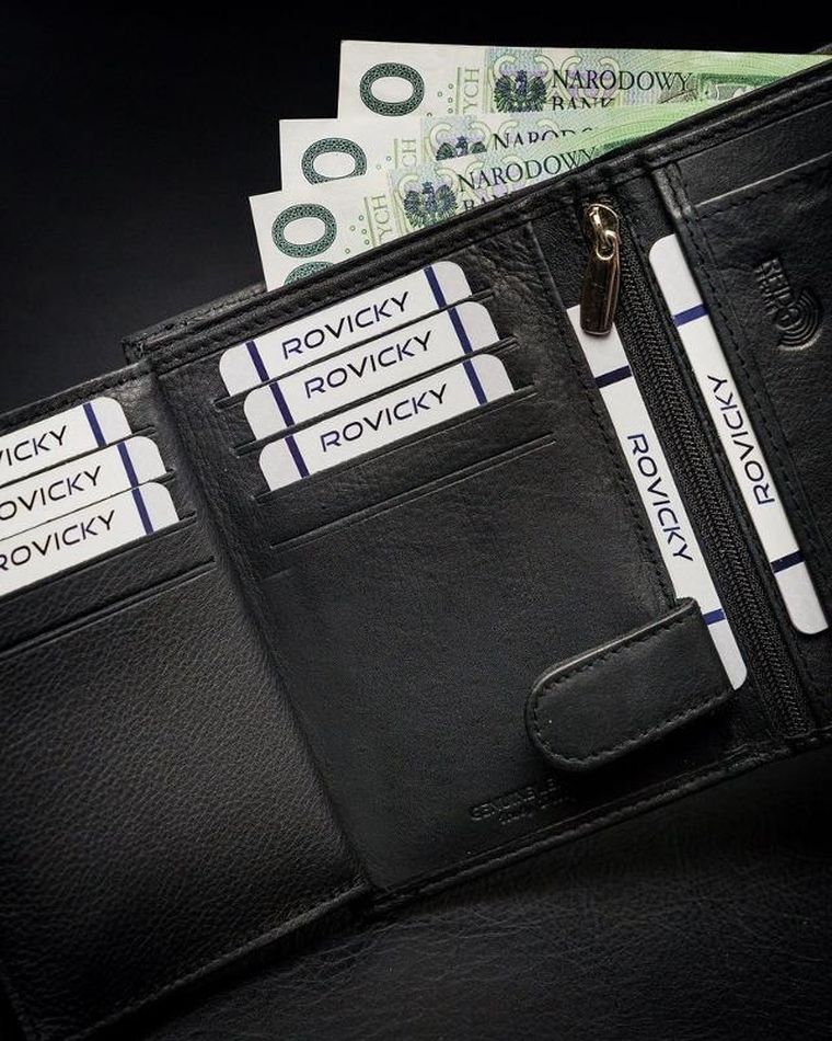 Składany, pionowy portfel męski z kieszonką na suwak, skóra naturalna, Rovicky