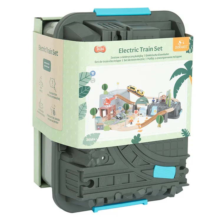 Smiki, drewniane tory z elektryczną kolejką i pojemnikiem