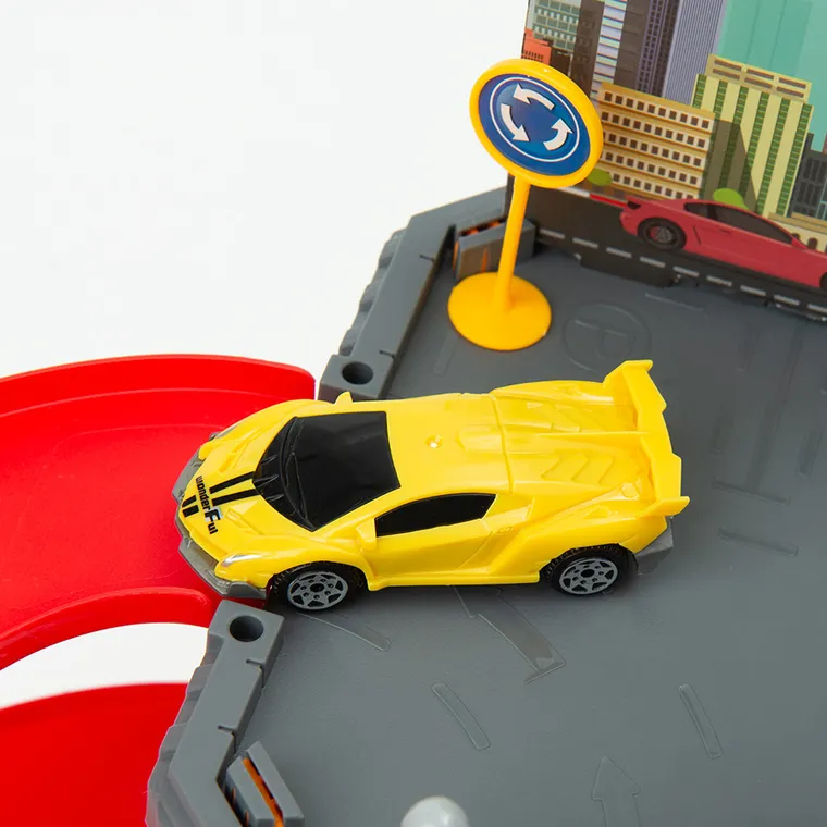 Smiki, tor wyścigowy z parkingiem i windą, zestaw z pojazdami, 68 elementów