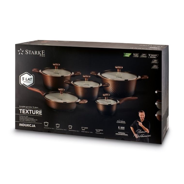 Starke Pro, Texture Copper, zestaw garnków z pokrywką i patelnia, 10 elementów