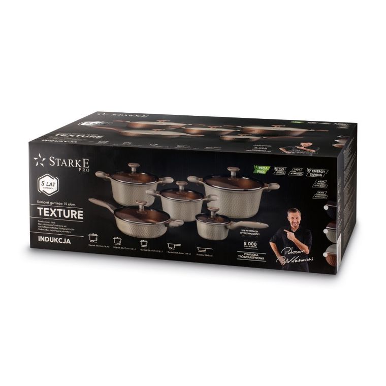 Starke Pro, Texture Creamy, zestaw garnków z pokrywką i patelnia, 10 elementów
