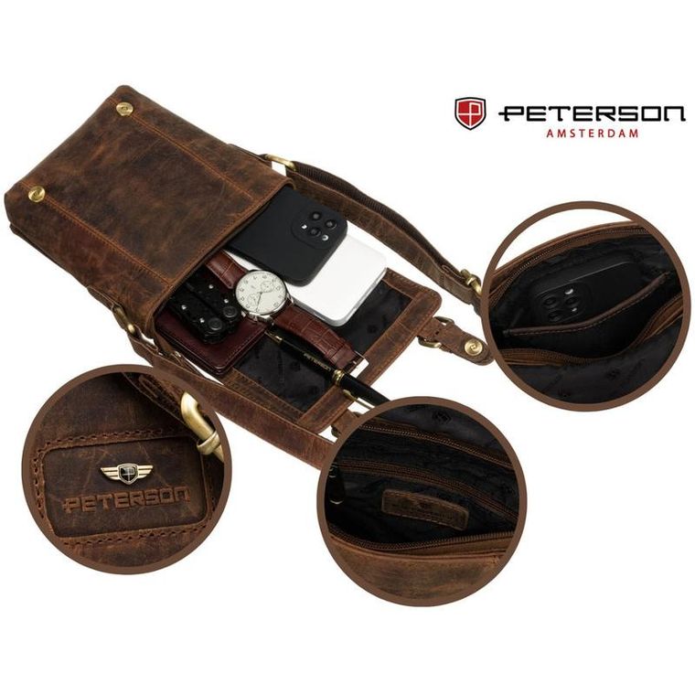 Torba listonoszka, brązowa, skórzana, Peterson