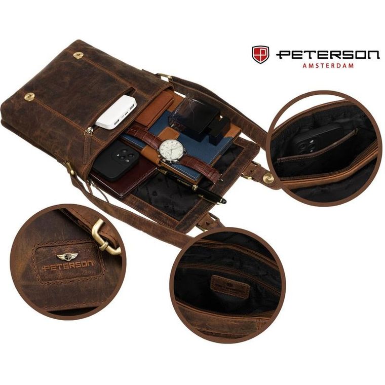 Torba listonoszka, brązowa, skórzana, Peterson