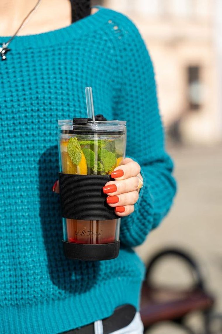 Vialli Design, kubek termiczny szklany ze słomką, 600 ml, czarny Fuori