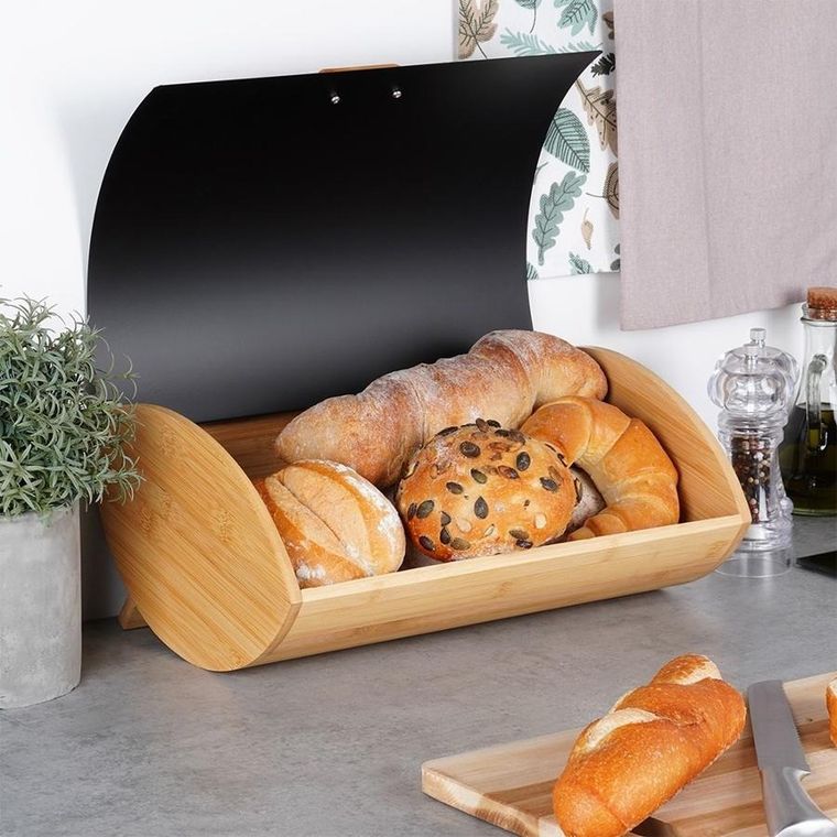 Vilde, chlebak drewniano-metalowy, czarny, 35,5-24,5-15,5 cm