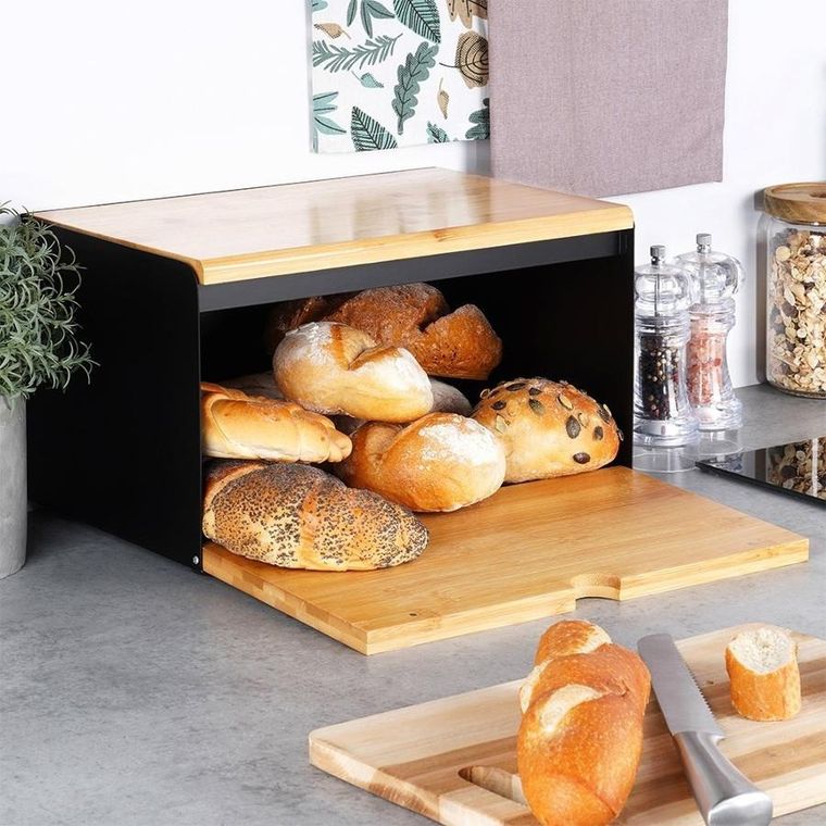Vilde, chlebak drewniano-metalowy, podwójna pokrywa, czarny, 35,5-22-20,5 cm