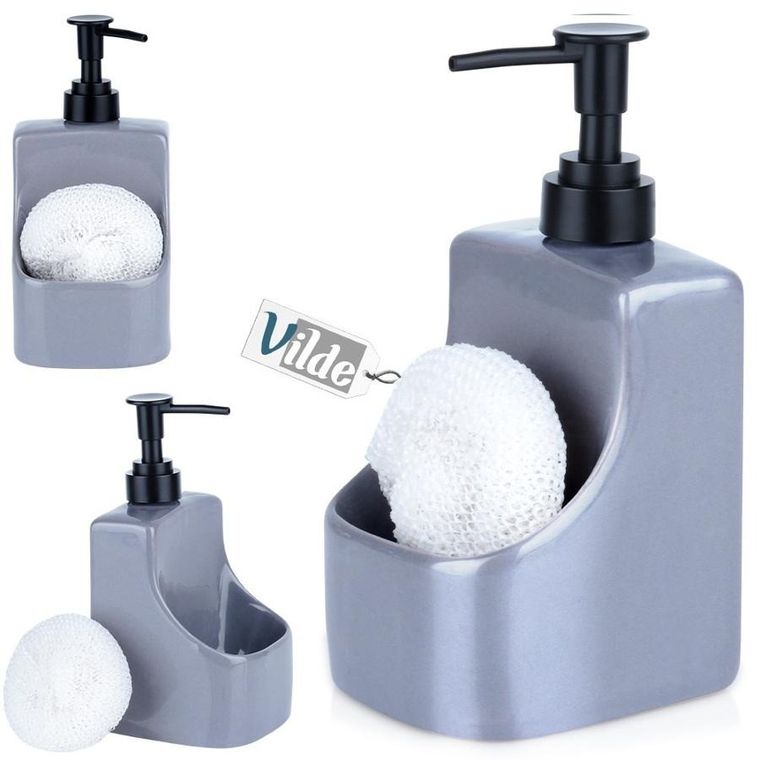 Vilde, dozownik płynu do naczyń z pojemnikiem na gąbkę i z gąbką ceramiczny, szary, 400 ml