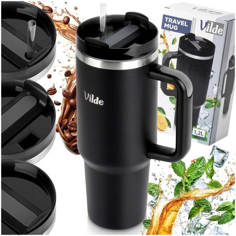 Vilde, kubek termiczny, stalowy, czarny z uchwytem, 1,2l