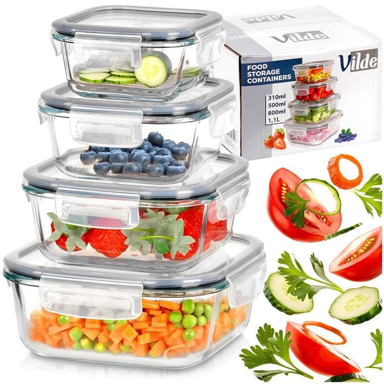 Vilde, pojemniki na żywność szklane z pokrywką i uszczelką, kwadratowe, 4 szt.