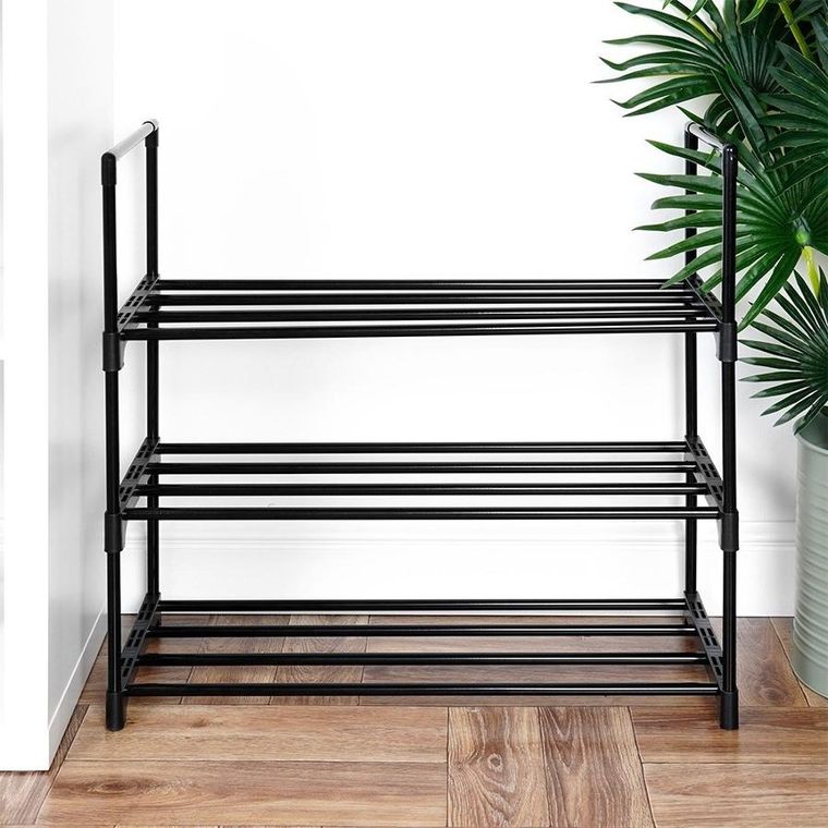 Vilde, regał na buty, metalowy, czarny, 3-poziomowy, 57-28-55 cm