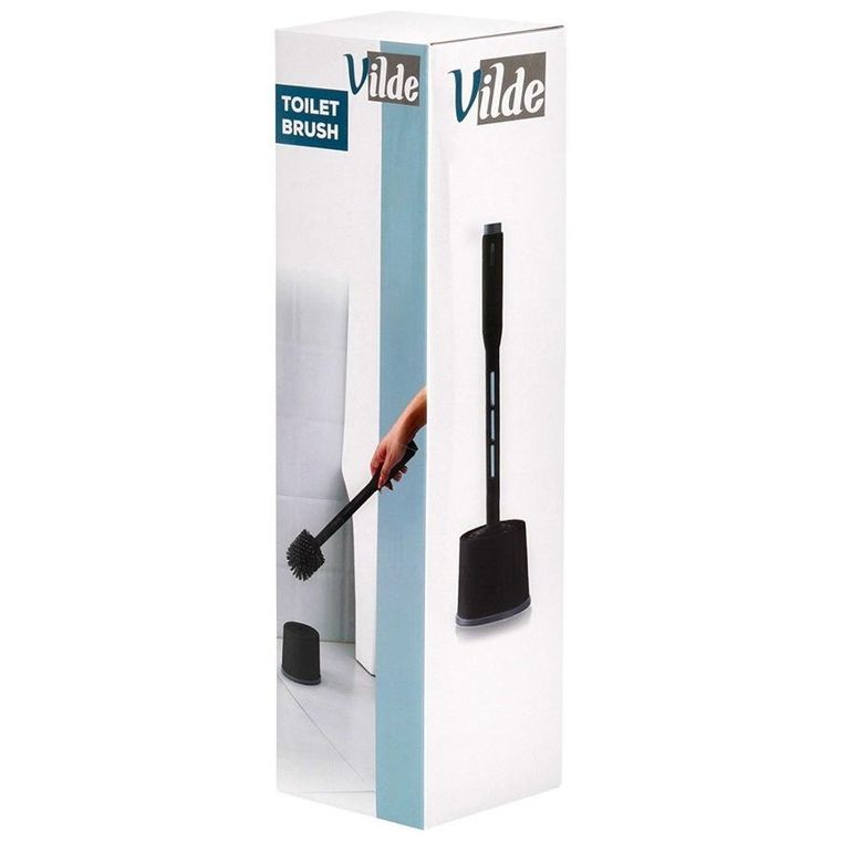 Vilde, silikonowa szczotka do toalety ze stojakiem i dozownikiem płynu, czarna, 40 cm