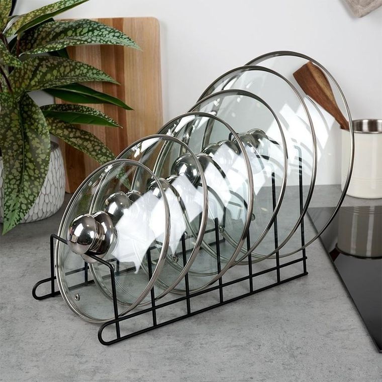 Vilde, stojak na pokrywki i talerze, metalowy, czarny, 34-18-18 cm