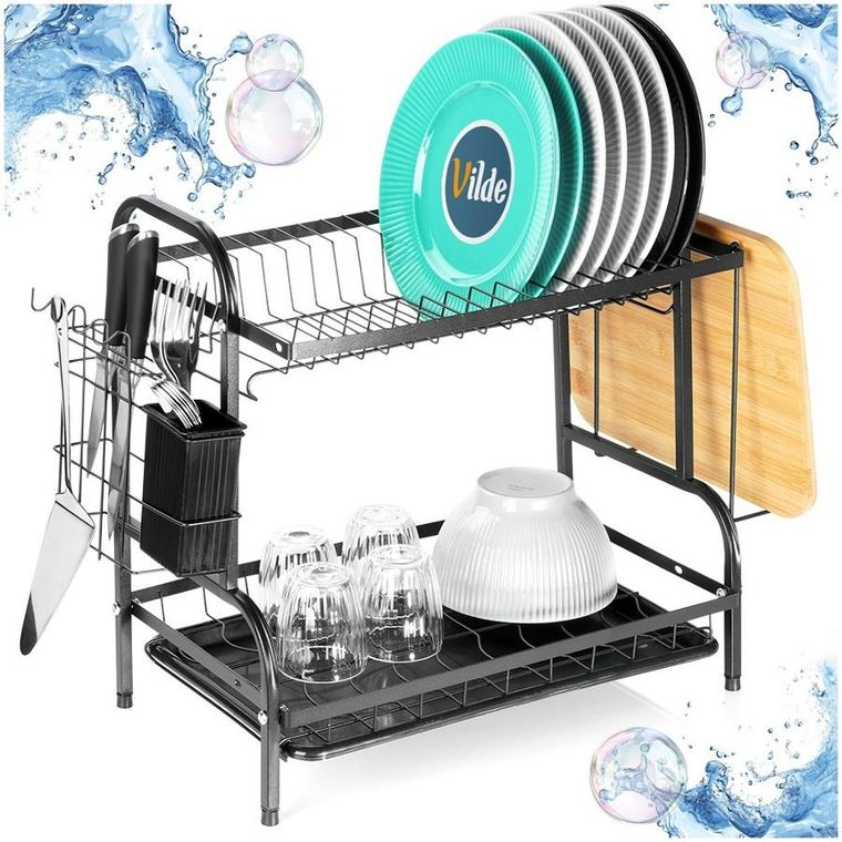 Vilde, suszarka na naczynia, metalowa, czarna, 2-poziomowa, 52-24,5-40 cm