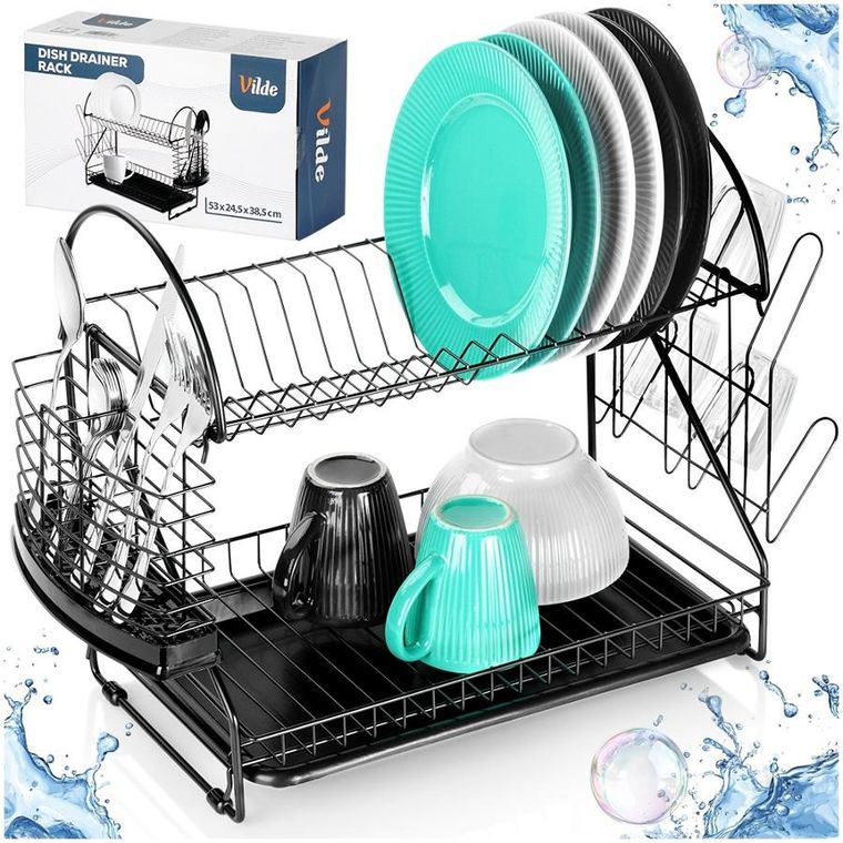 Vilde, suszarka na naczynia, metalowa, czarna, 2-poziomowa, 53-24-38,5 cm