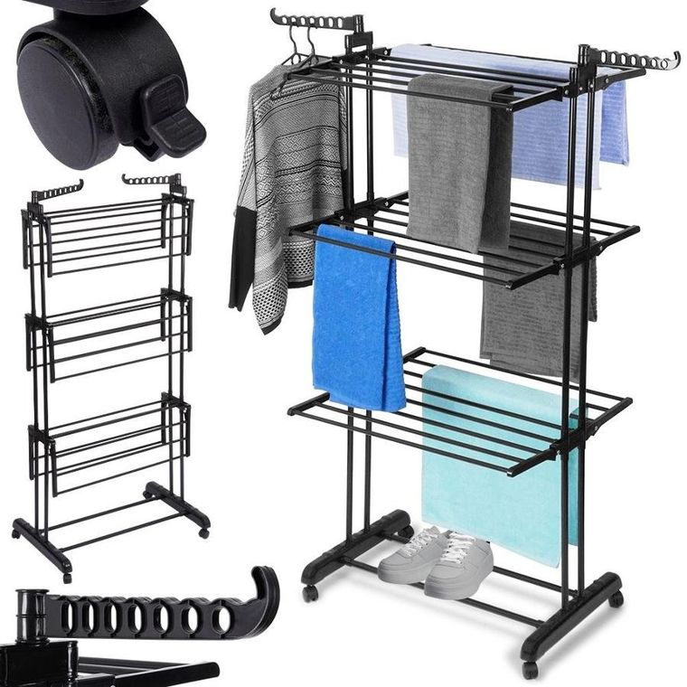 Vilde, suszarka na pranie metalowa, czarna, pionowa na kółkach, 125-170 cm