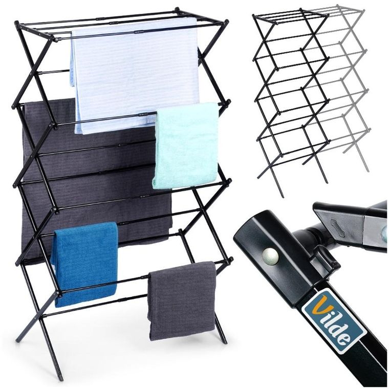 Vilde, suszarka na pranie, metalowa czarna, pionowa rozsuwana, 43-75-37.5-139 cm