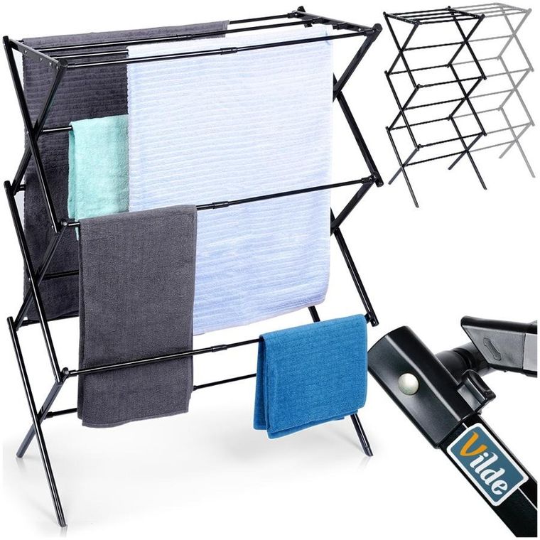 Vilde, suszarka na pranie metalowa, czarna, pionowa rozsuwana, 44.5-75-37.5-105 cm