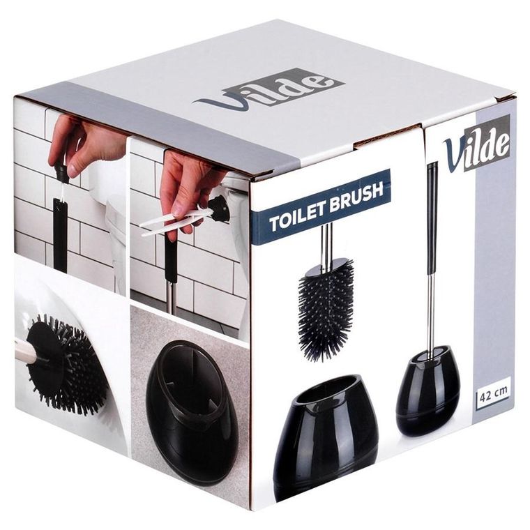 Vilde, szczotka do toalety silikonowa ze stojakiem i szczypcami, czarna, 42 cm