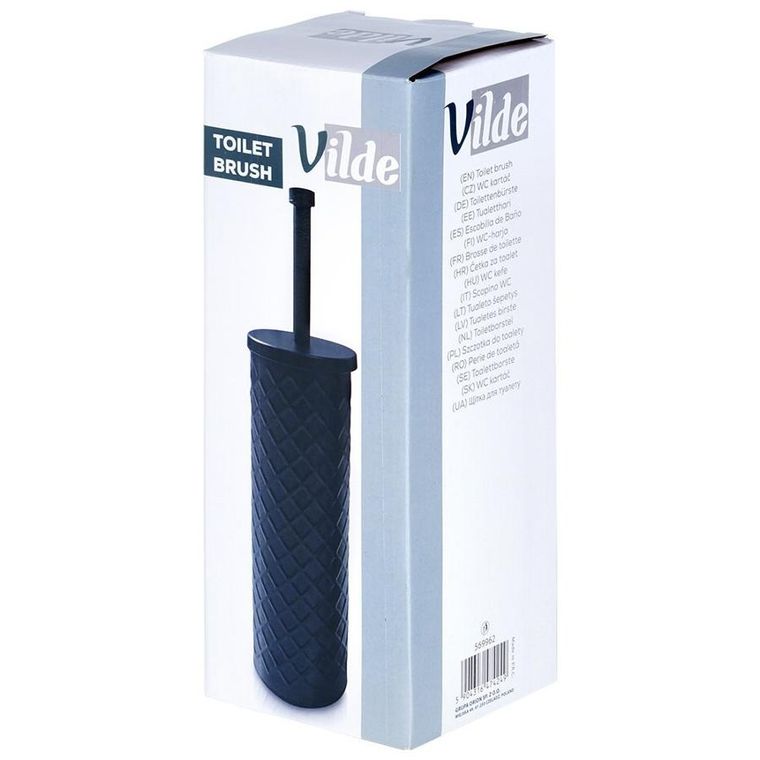 Vilde, szczotka do toalety ze stojakiem, metalowa czarna, 38-10 cm