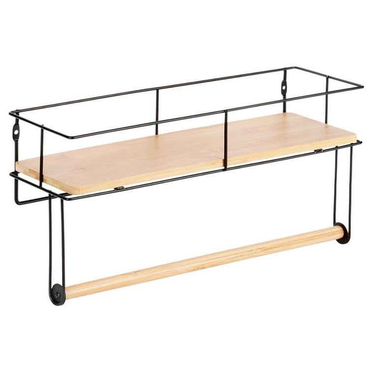 Vilde, wieszak na ręcznik papierowy, z półką, metalowy, czarny, 37-12,5-18,5 cm