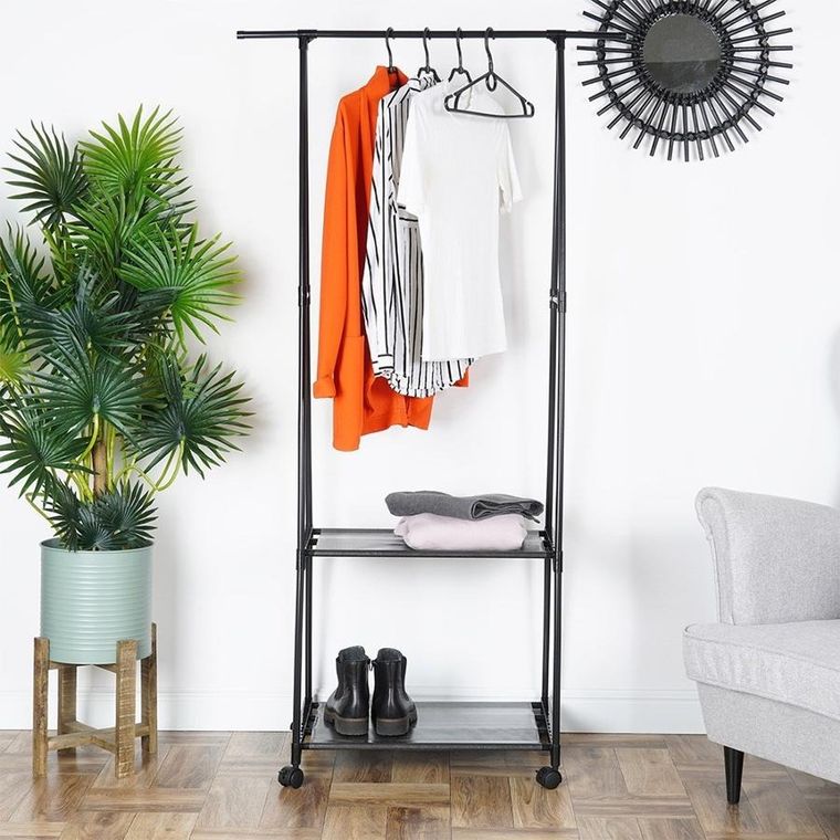 Vilde, wieszak, stojący na ubrania, metalowy czarny na kółkach, 88-44-160 cm
