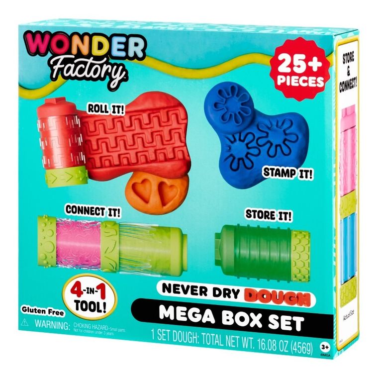 Wonder Factory, Never Dry Dough, Mega Box Set, masa plastyczna z akcesoriami, 25 elementów